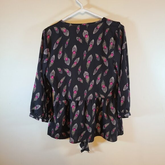 Vtg F21 Y2K Peplum Ruffle V-Neck Top Women's L Peacock Feather Black Peasant - Picture 3 of 13